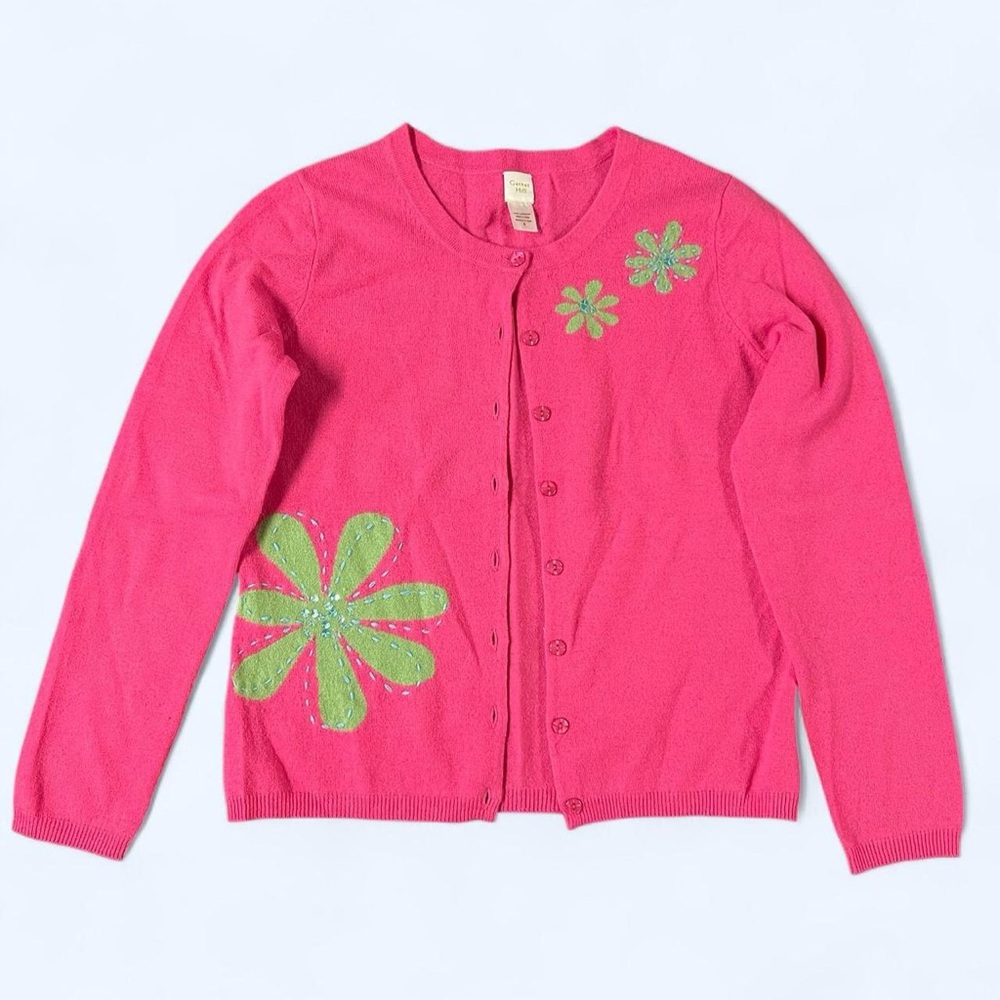 Garnet Hill Lambs Wool Pink Cardigan Sweater Green Flowers Sequins Small Y2K